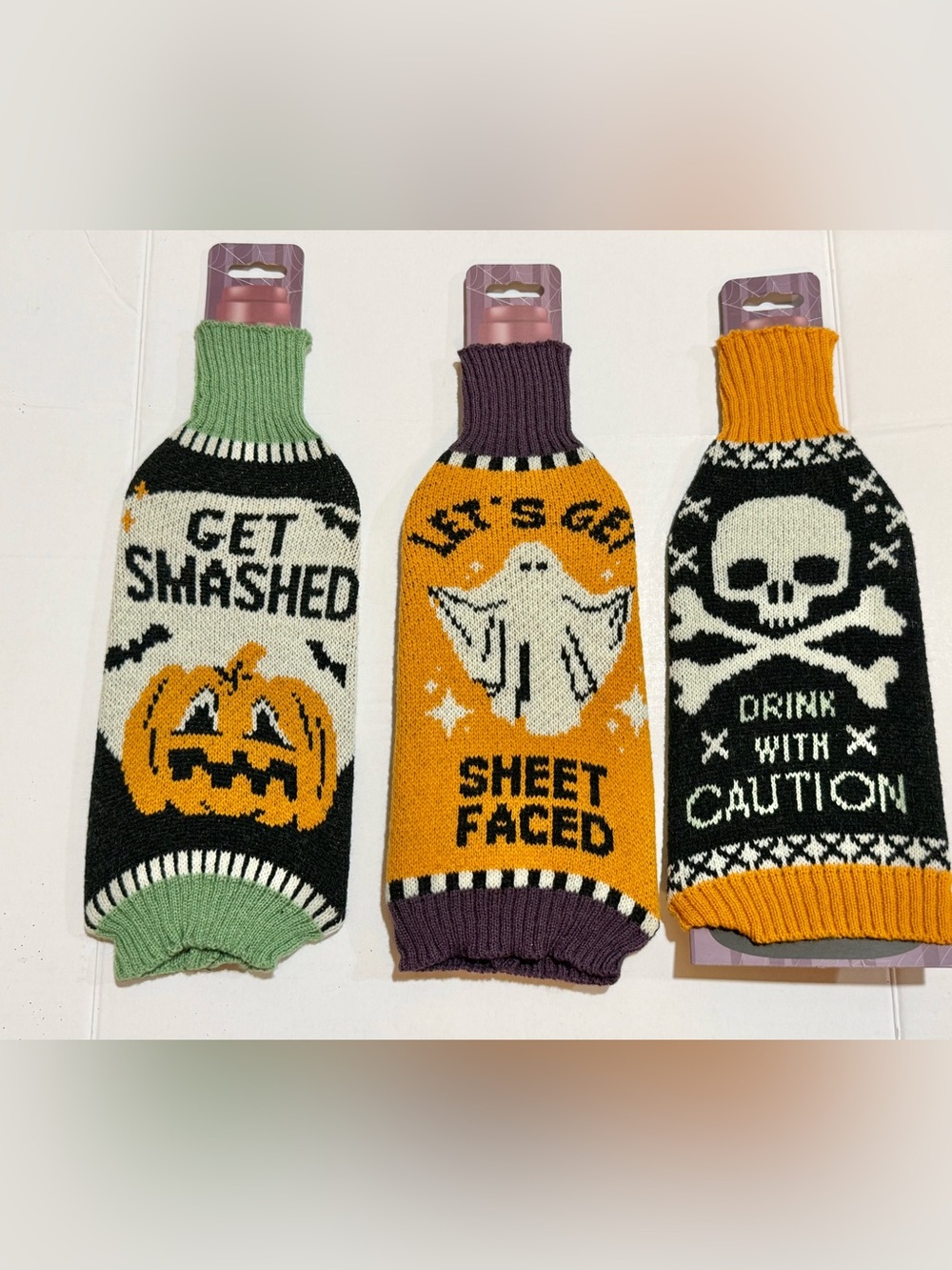 3 Cozy Knit Halloween Bottle Sleeves new- pumpkin, skull, & ghosts